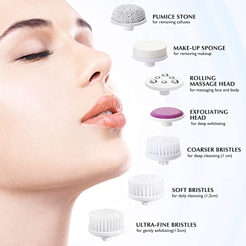 COSLUS Facial Cleansing Brush Face Scrubber, 7-in-1 Rotating Design Pearl Pink With 7 brush heads