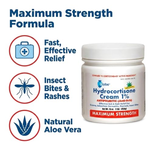 Globe Hydrocortisone Cream 1% with Aloe, Maximum Strength, 16 oz Jar 16 Ounce