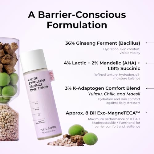 PUL & SAHM De-Flake & Hydrate Skin Prep Toner, Lactic Exfoliant, Gentle AHA Resurfacing for Smooth, Refined Skin Texture & Barrier Comfort, Dermatologist Tested, Non-Comedogenic, 24-Free