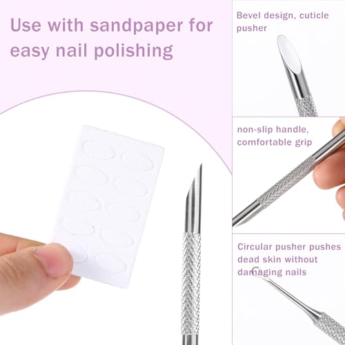 TIESOME Metal Cuticle Pusher, Circle Bevel Double-Ended Nail Cuticle Pusher Tool with 100 Grit Sandpaper Sheets Stainless Steel Manicure Pedicure Nail Art Care Tools for Fingernails Toenails