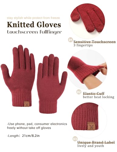 Hat Scarf And Gloves Set For Women, Womens Beanie Hats Thermal Touchscreen Gloves Scarf Scarves, Winter Accessories Sets Burgundy