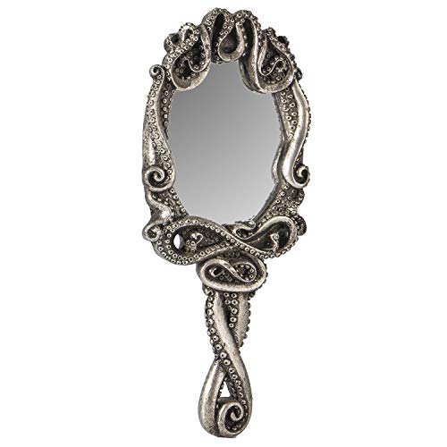 Pacific Trading Gothic Kraken Hand Held Mirror Home Accent Decor, Small Decorative Antique Sea Creature Inspired Silver Tone Mirrors with Handle, 14050