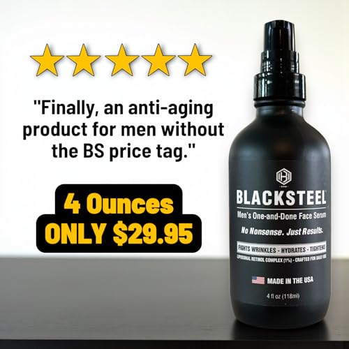BLACKSTEEL Men's Anti-Aging Face Serum with Retinol & Hyaluronic Acid | One-Step Daily Wrinkle, Hydration & Firming Solution | Fast-Absorbing, Non-Greasy Skincare Made in USA | 4 oz Single Bottle 4 Fl Oz (Pack of 1)