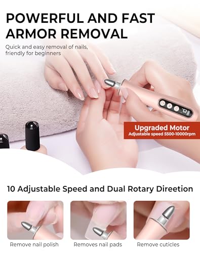Cordless Nail Drill Electric Nail File, 10-in-1 Manicure Pedicure Kit Nail Grinder Set, 14000 RPM Rechargeable Acrylic Nail Tool, 10 Speeds LED Light LCD Display for Human, Toenails, Home(Pink) Pink