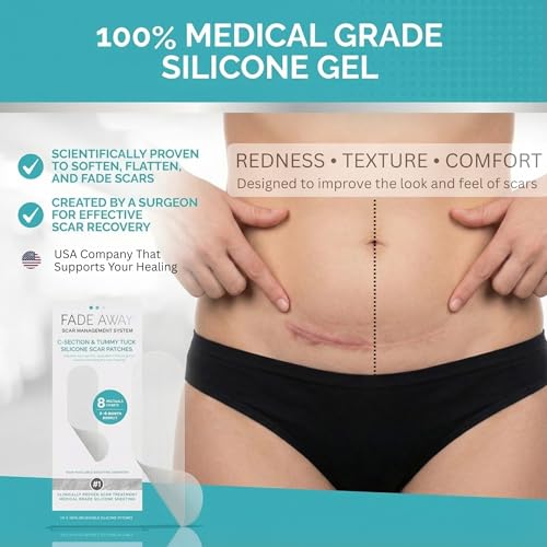 Fade Away Silicone Scar Sheets for C-Section and Tummy Tuck, 8 Count