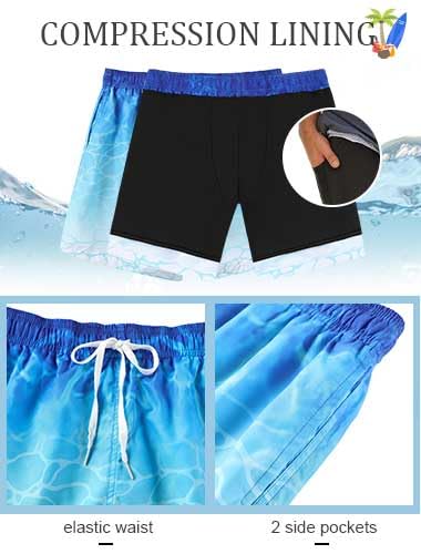 westwolf Men's Swim Trunks with Compression Liner 9" Quick Dry Board Shorts C Blue Green White X-Large