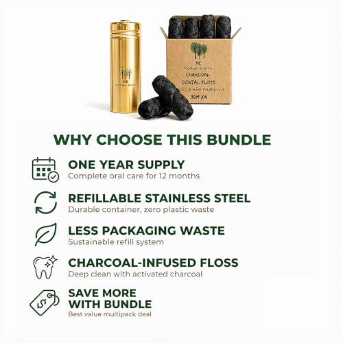 Vegan Bamboo Charcoal Dental Floss with Refillable Gold Stainless Steel Container with 30m x4 Refill | Peppermint Essential Oil | Eco Friendly Zero Waste Oral Care