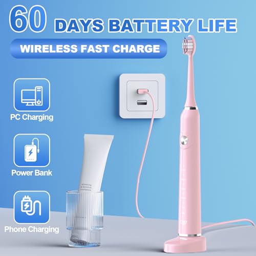 JTF Electric Toothbrush for Adults with 5 Professional Modes & Smart Timer Pink