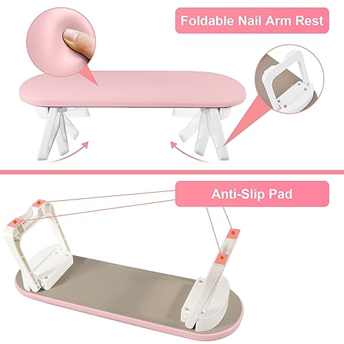 Diesisa Nail Arm Rest, Foldable PU Leather Nail Hand Rest For Nails Tech Pink