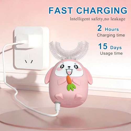 SNOWROSE Kids Electric Toothbrush U-Shaped, IPX7 Waterproof Design with 4 Brush Head 3 Modes, Sonic Automatic 360 Degree Full Mouth Cleaning Children Toothbrush for Ages 2-12 (Pink) Pink