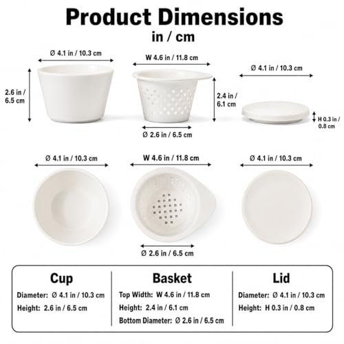 Ceramic Denture Cleaning Cup with Lid & Removable Basket, 3-Piece Stacking Soaking Container for Tablets, Retainer/Aligner/Mouth Guard Case, Hygienic, Spill-Resistant (White) White