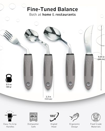 4-Piece Adaptive Utensils Set with Rocker Knife & Shovel Spoon - 42° Angled Parkinsons Utensils, 2.5 oz Weighted Silverware for Hand Tremors and Arthritis, Adaptive Eating Utensils (Grey Right-handed) Light (Weighted) – 2.5 Ounce