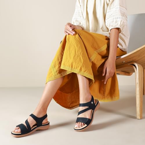 Littleplum Womens Sandals Arch Support – Comfortable Flat Sandals for Women, Summer Breathable Adjustable Orthotic Walking Shoes for Beach,Travel 8 Fashion Black