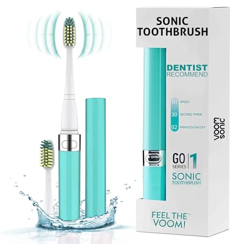Voom Sonic Go 1 Series Travel Electric Toothbrush + 4PK Brush Heads, Travel Toothbrushes - Battery Operated Toothbrush for Adults & Kids, Portable with 2 Minute Timer (Hawaiian Blue)