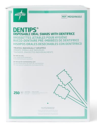 Medline Dentips Disposable Oral Swabsticks, Adult Mint Dentifrice-Treated, Green, 250 Count Treated (250 Count)