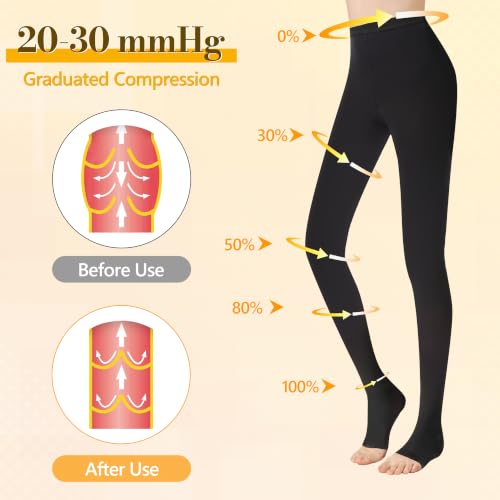 20-30 mmHg Medical Compression Tights, Open Toe Support Pantyhose XX-Large Black