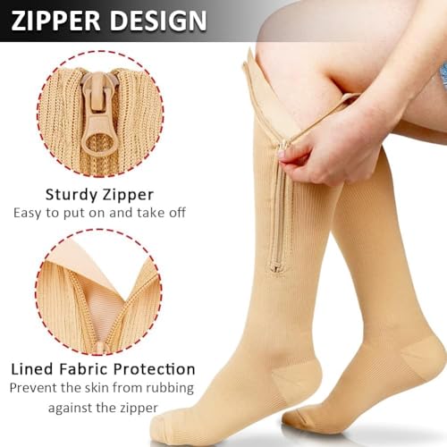 Ailaka Medical 15-20 mmHg Zipper Compression Socks Women Men 3X-Large (1 Pair) Beige