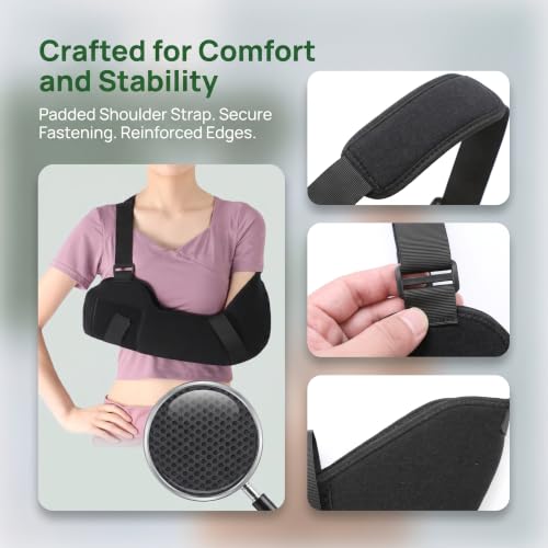 Elbow Immobilizer Arm Sling with L-Shaped Aluminum Support Plates, Breathable Forearm Brace with Wide Padded Shoulder Strap, 5 Adjustable Straps for Fracture, Sprain, Post Surgery Recovery(Black-M) Black Medium