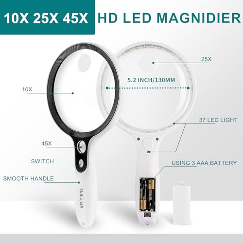 Large Magnifying Glass with 37 LED Light, 10X 20X 45X Handheld Illuminated Magnifier with 37 LED Light