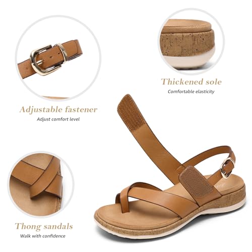 Littleplum Women's Orthopedic Arch Support Sandals Comfortable Thong Flip Flops Adjustable Ankle Strap Open Toe Walking Flat Sandals 8 Classic Brown