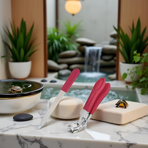 Professional Ruby Red Angled Nail Clippers for Seniors & Adults –Elegant Thick Toenail Clipper with 5'' Nail File, Ultra-Sharp Blades, Nail Catcher, Easy Grip & Safe Home Manicure & Pedicure Care Tool