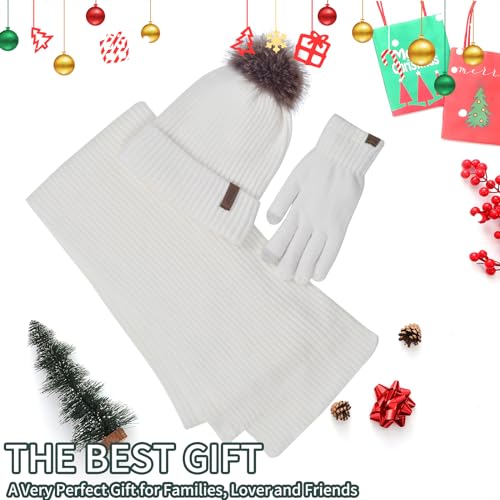 Winter Beanie Hat Scarf Gloves Set for Women, Classic Beanie with Removable Pom Pom Long Scarf Touchscreen Gloves 3 in 1 Set White