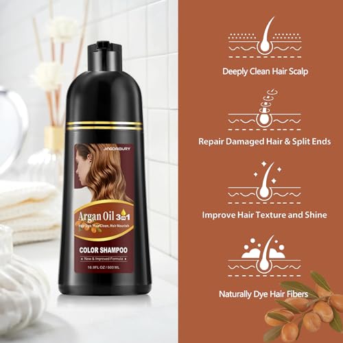 Light Brown Hair Dye Shampoo with Argan Oil, 3-in-1 Long-Lasting Formula for Men & Women, Easy to Use, 16.9 Fl Oz Light brown