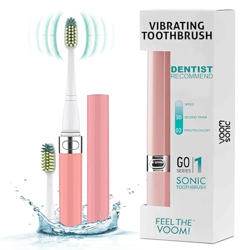 Voom Sonic Go 1 Series Travel Electric Toothbrush + 4PK Brush Heads, Travel Toothbrushes - Battery Operated Toothbrush for Adults & Kids, Portable with 2 Minute Timer (Pink)