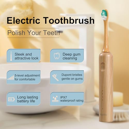Oscillating Ultrasonic Electric Toothbrush with Bamboo Brush Heads (5 Pack)
