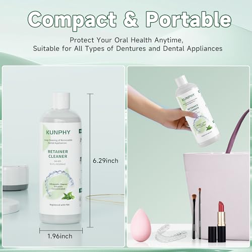 kunphy Ultrasonic Retainer Cleaner Solution Concentrate - 2 Pack Value Bundle, Professional Cleaning for Retainers, Dentures, Invisible Aligners, Mouth Guards, Removes Odors & Stains, 16 oz (Mint) 17oz