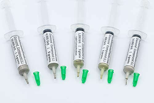 TechDiamondTools Diamond Polishing Paste Kit — 5 Grits (400 to 50000) | USA Made | Oil-Based Syringes | Complete Lapping & Stropping Set for Metal, Glass, Gemstone, Knife, Jewelry | 10% Diamond Powder 50000 14000 4000 1200 400 grit 10% Concentration