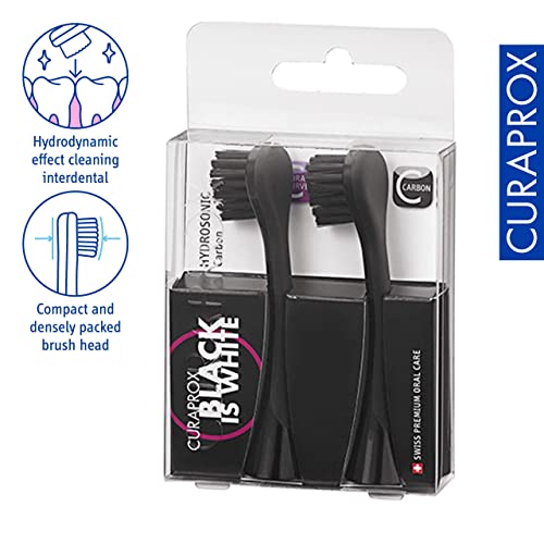 Curaprox Hydrosonic Sensitive Brush Heads, BiW Carbon, 2-Pack, Swiss Made Black