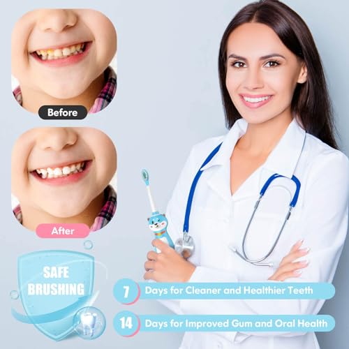 DADA-TECH Kids Electric Toothbrush Rechargeable, Sonic Silicone Teeth Brush with Timer for Children Boys Girls Ages 3+, 3 Modes with Memory, 4 Soft Brush Heads (Blue Shiba Inu Dog) Blue