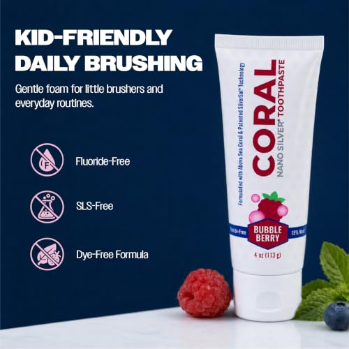 Coral Nano Silver Bubble Berry Kids Toothpaste, Natural Fluoride Free Teeth Whitening Toothpaste, Coral Calcium Nano Silver Infused SLS Free - 4 Ounces (2 Pack) 4 Ounce (Pack of 2)