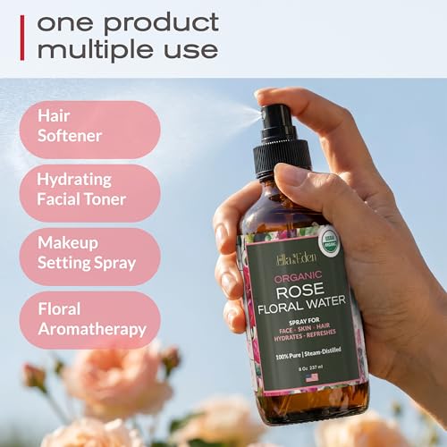Organic Rose Water Spray for Face & Hair, 100% Pure, Alcohol Free, 8 Oz 8 Fl Oz (Pack of 1)
