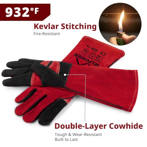 vclpower Welding Gloves 16-Inch 932°F Heat Resistant Leather for MIG,Stick 16" XL-Red