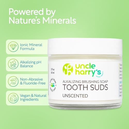 Uncle Harry's Non-Abrasive Unscented Brushing Soap Tooth Suds | Natural Remineralizing Toothpaste Freshens Breath & Promotes Enamel | Vegan Fluoride Free Toothpaste (2 oz) (Pack of 2) 2 Fl Oz (Pack of 2)