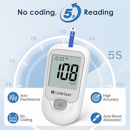 LinkSun G-425-1 Glucose Monitor Kit, 100 Strips & Lancets for Diabetes