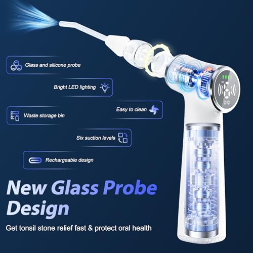 Electric Tonsil Stone Remover Vacuum USB Rechargeable, 6 Suction Levels for Bad Breath Relief, Painless Tonsillolith Removal Kit, LED Light, 11-in-1 Glass & Silicone Probes White