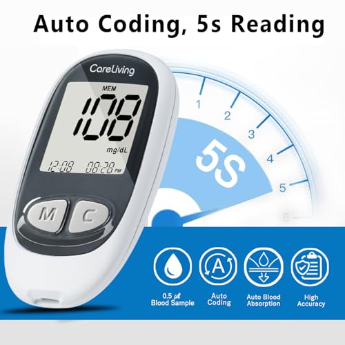 CareLiving MM1100 Blood Glucose Monitor Kit with 100 Test Strips, 100 Lancets, 1 Blood Glucose Meter, 1 Lancing Device, Diabetes Testing Kit, Portable Blood Sugar Test Kit, Glucometer Kit for Home