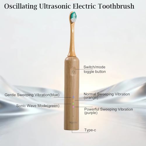 Oscillating Ultrasonic Electric Toothbrush with Bamboo Brush Heads (5 Pack)