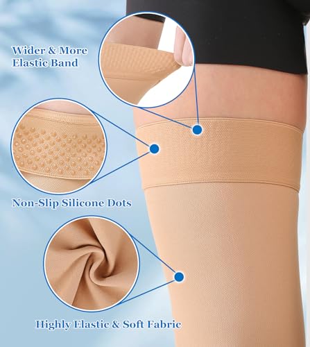 MGANG 20-30mmHg Thigh High Compression Sleeves for Varicose Veins, Edema 20-30mmhg Beige Large (1 Pair)