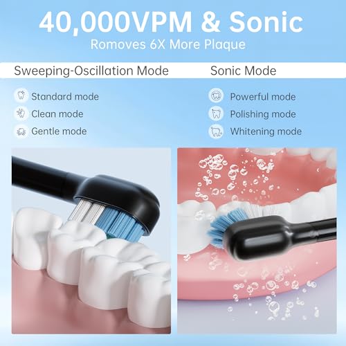 Sonic Electric Toothbrush, 40,000 VPM, 6 Modes, White, with 6 Brush Heads and Travel Case (Black) Black