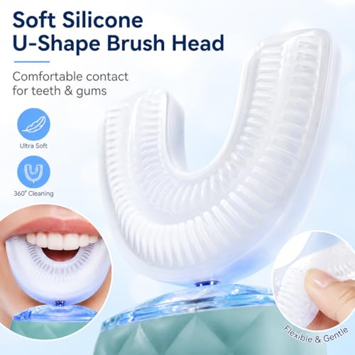 U Shaped Electric Toothbrush for Adults - Ultrasonic Automatic 360° Mouth Cleaning Toothbrush, Hands-Free Full Mouth Sonic Toothbrush with 5 Modes, IPX7 Waterproof Rechargeable (Turquoise)