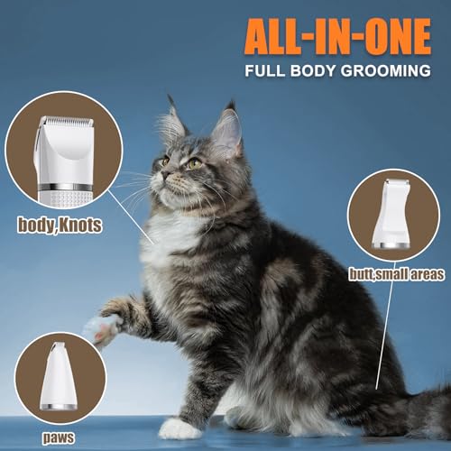 Cat Grooming Clippers Kit with Paw Trimmer, 3 in 1 Electric Pet Hair Trimmer Supplies for Thick Matted Hair, Heavy Coat Butt Shaver Cat Razor Fur Trimmer for Dogs at Home (White) White