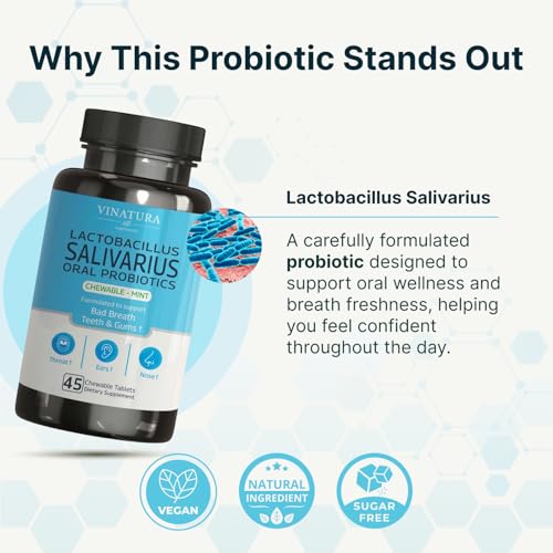 VINATURA Lactobacillus Salivarius Oral Probiotics - Mouth Bad Breath Treatment for Adults, Dental probiotics for Teeth and Gums, Throat, Ear, Nose - 45 Chewable Mint Tablets