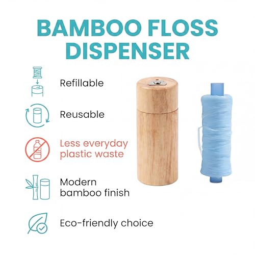 Bamboo Floss Dispenser with 90 Yard Floss Refill, Refillable Dental Floss Holder, Reusable Bamboo Floss Container for Bathroom, Travel & Oral Care