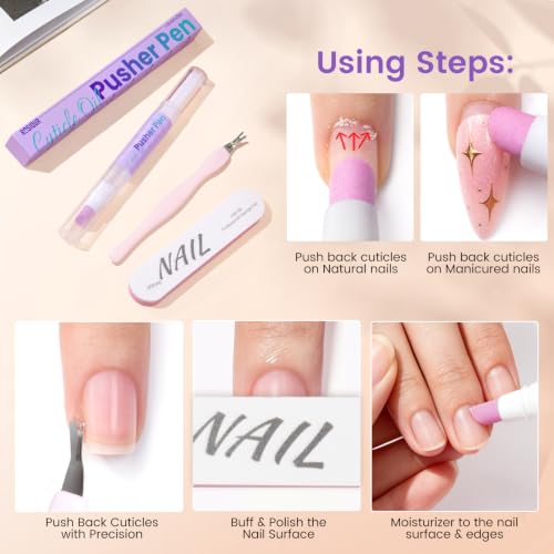 Cuticle Pusher Oil Pen for Nails, 3 in1 Ceramic Cuticle Remover with Oil Lavender