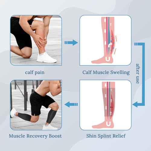 Flat Knit Calf Compression Sleeves for Men & Women, Shin Splint Relief Black-Large