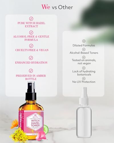 Witch Hazel Alcohol Free Toner by Leven Rose, 100% Pure Organic Facial Rose Water with Rose Petals, Calendula, Cucumber, and Chamomile Flower 4 oz 4 Fl Oz (Pack of 1)